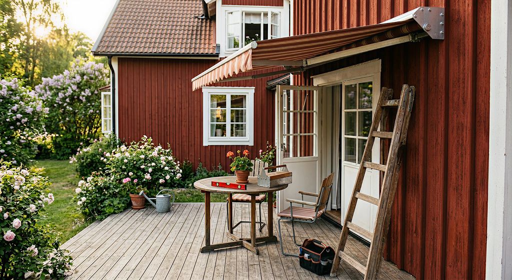 Uteplats med utfälld markis en sommardag