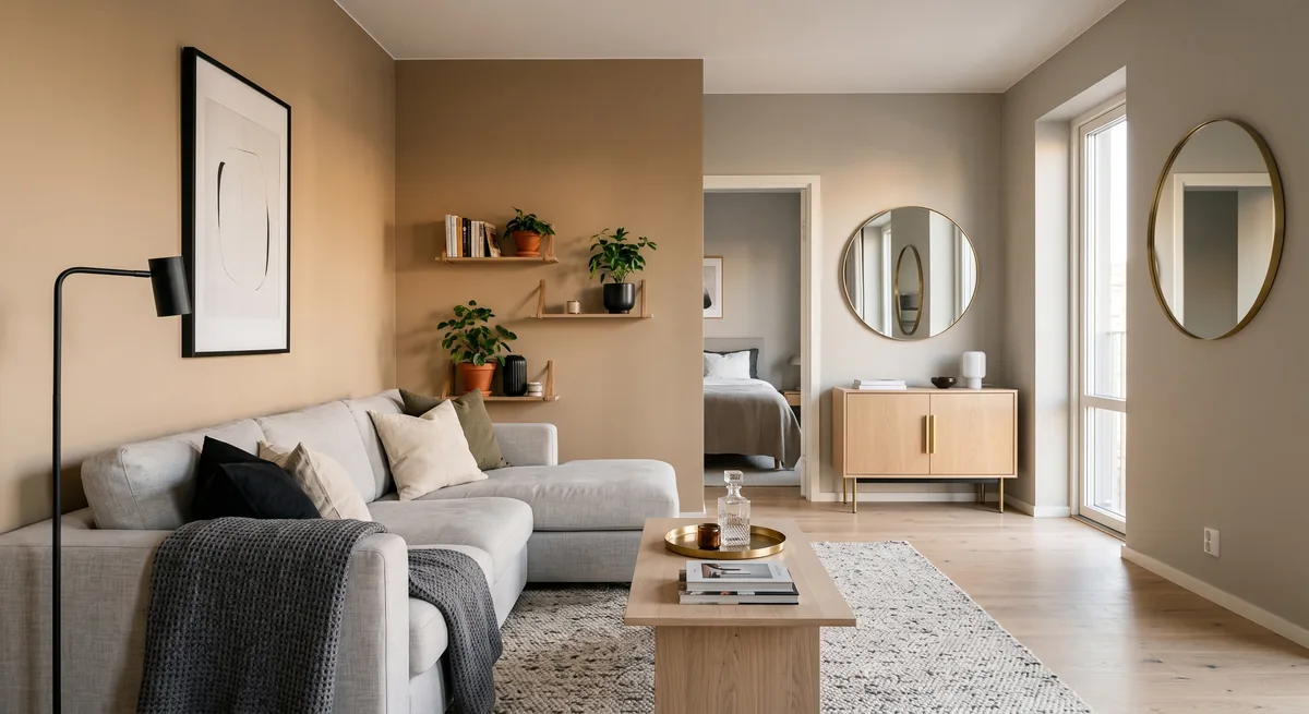 En vägg målad i grå beige väggfärg